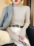 Zingj Half High Collar Striped Long Sleeve T-Shirt Bottom Shirt Women's New Autumn Ins Slim Wood Ear Inside The