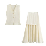 New Gold Button Knitted Vest Small Pleated Spliced Skirt