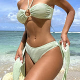 Sexy Bikini Swimsuit Three-Piece Yarn Dress Hanging Neck Solid Swimsuit Female