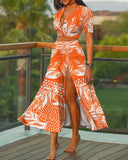 Women Holiday Summer Floral Leaf Print Patchwork Crop Tops High Slit Maxi Dress Two Piece Set Suit Sexy Long Beach
