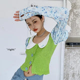 Puff Sleeve Peter Pan Collar Crop Blouse Floral Long Sleeve Korean Knitted Top High Fashion Designer Patchwork