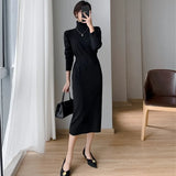 New Elegant Autumn Winter Turtleneck Basic Knitted Sweater Dress Office Lady Slim Clothes
