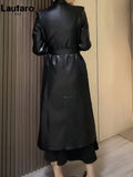Spring Autumn Luxury Elegant Stylish Chic Long Brown Black Soft Pu Leather Trench Coat for Women Sashes Runway