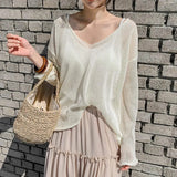 2021 Spring Summer Autumn Thin Sexy Women Tops Blouse V-neck Pullover Tops Solid Korean Loose Sunscreen New Lady