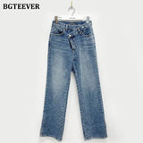 Casual Asymmetric High Waist Straight Jeans for Women Side Split Denim Blue Jeans Trousers Female Long Pantalon