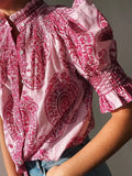 Zingj Elegant Pink Printed Pleated Shirts Chic Ruffle Collar Short Puff Sleeves Buttons Shirt 2024 Lady Vacation Streetwear 211-0-Outfit