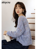 Fashion Sweater Women 2022 Autumn Korean Fashion Loose Solid Vneck Pullover Hollow Out Casual Knitted Tops