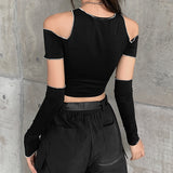 Women's Clothing 2020 Autumn And Winter New Fashion Sticker To Dress Round Neck Shoulder Short T-Shirt