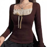 Stitching Lace Bow Knot Square Collar Knitted TeeOutfit