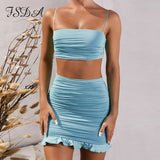 Summer 2020 Women Set Spaghetti Strap Crop Top White Sexy And Mini Bodycon Skirt Ruffles Party Outfit Club Two Piece
