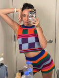 Women Knitted Shorts Set Casual Y2k Plaid Vest with Elastic Waist Stripes Shorts Summer Outfit for Party Club