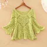 coat female crochet hollow five-point sleeve top sweater o neck knitted