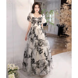 French Evening Dress Female Light Luxury High-End Niche Banquet Super Fairy Light Yarn Chinese Feng Shui Ink Painting Pattern Vocal Art