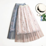 Embroidered Mesh Skirt Emale Spring Long Fairy Skirt Elastic Wasit A Line Flower Women Pleated Skirt Party