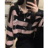 Women Korean Fashion Vintage Gothic Striped Cropped Sweater Loose Long Sleeve Pullovers Colleges Knitwear Tops Alt