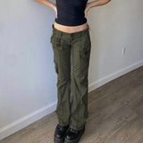 Grunge Green Zipper Jeans Bandage Low Waist Cargo Pants Gothic Punk Baggy Retro Kawaii Trousers Women Korean
