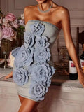 Denim Strapless 3D Flower Mini Dress- Outfit