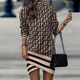 Female Turtleneck Party Dress Women Vintage Pattern Print Mini Dress Winter Fashion Long Sleeve Loose Irregular