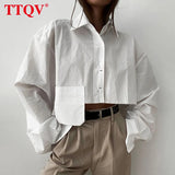 Autumn Fashion Chic White Women Blouse Sexy Lapel Long Sleeve Crop Shirts Lady Streettop Woman Blusas Clothing