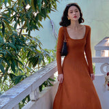 Long Aleeve Sweater Dress Women Knit Autumn Winter Dress Female Slim A-line Casual Vintage