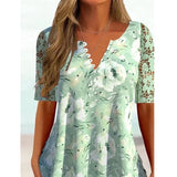 Summer Print Lace Blouse 2023 Women V-neck Loose Hollow Out Short Sleeve Shirt Buttons Long Tops Slim Mujer Ladies