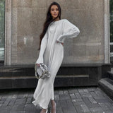 Zingj Women's New Dress Pleated Round Collar Long Sleeve Solid Color Loose Dress Show Thin And Casual-Outfit