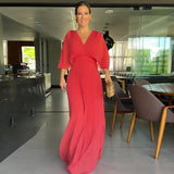 Zingj New Fall 2023 Solid Color V-Neck Bat Sleeve High-Waisted Dress-Outfit