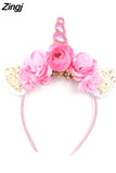 New 2023 Women Kids Party Gold/Silver Unicorn Horn Headband Flower Horn Girls Headwear Birthday Hairband Hair