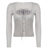 Y2K Sweet Cute Crop Top Lace Frill Bow Pullovers Vintage Square Collar T Shirt Women Skin Button Prepply Korean