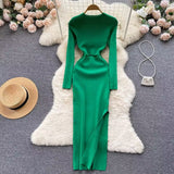 Zingj Sister Senior Sense Red Temperament Long Sleeve Knit Dress Autumn Women's Hot Girl Accept Waist Open Slit Wrapped Hip