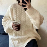 Zingj Blue Autumn Winter New Round Collar Thick Knit Jacket Korean Fashion Loose Lazy Wind Senior Sweater Woman-Outfit