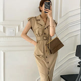 Elegant Notched Collar Dress Women Summer Casual Safari Style Single Breasted Belt Slim Waist Pocket Dresses