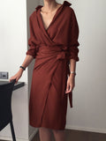 Women Casual V-neck Cotton Linen Midi Dress Full Sleeve Lace Up Female Elegant Solid