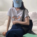 Zingj East Gate Spring Minority Age Reduction Round Collar Tie Bow Print Loose Versatile Short-Sleeved T-Shirt
