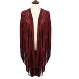 Beach Cover Up Summer Camel Suede Floral Hollow Out Fringed Bikini Cover-ups Vintage Women Beachwear Kimono Cardigan