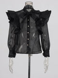 Elegant Wind-Breeze-Permeable Shirt 2025 New Temperament Niche Splicing Lotus Edge Design Mesh Shirt Female
