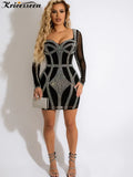 Sexy Black Rhinestone Sheer Mesh Bodycon Dress Womens Long Sleeve Crystal Party Clubwear Skinny Mini