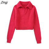 New Women Fashion Polo Collar Solid Color Short Knitting Sweater Office Lady Business Basic Pullovers Chic Tops