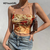 Floral Print Mesh Sexy Halter Top Women Lace Up Sexy Backless Tanks Camis Tops Tees 90s Frill Sleeveless