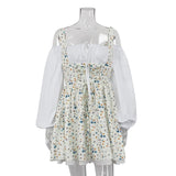 Zingj Women's Spring / Summer 2024 Bubble Sleeve Strap With Breast Fake Two French Dress Floral Strap Dress-Outfit