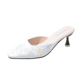 Spring And Autumn New Fashion Embroidery With Cool Slippers Small Square Head Suede With Temperament Half Drag Women's