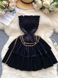 Ruffles Senior Slim Party Dress Strapless Off Shoulder Sleeveless Golden Chain Women Vintage Velvet Short Sexy