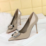 Zingj Banquet Rhinestone Belt Buckle Women's Shoes Patent Leather Shallow Pointed High Heel Single