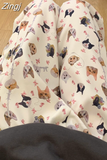 Retro Overall Cat Print Full Length Cargo Pants Straight Loose Wide Leg High Waist Women Y2k Casual Trousers