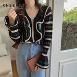 Vintage Ruffle Striped Sweater Winter Clothes Women Flare Sleeve V Neck Pullovers Kawaii Knitted Sweater Fall