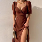 Summer Dresses Square Neck Black Dress Women Hight Waist Short Sleeve Party Sexy Split Dresses Elegant Casual