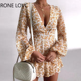 Women Elegant Fashion Sweet Floral Print V-neck Long Sleeve Dress Mini Dress Bodycon