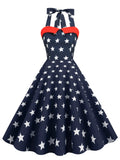 Women Star Print Summer Dress Sexy Retro Blue Red Halter Vintage Dress Robe Femme Pin Up 50S 60s Rockabilly Party