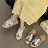 Version! Zhao Luth The Same ~ One-Word Cool Slippers Women's Summer Wearing Grass Pine Shoes Thick-Soled High-Heeled