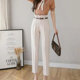 2021 Black Suit Pants Women High Waist Pants Sashes Pockets Office Lady Casual Zipper Straight Ankle-length